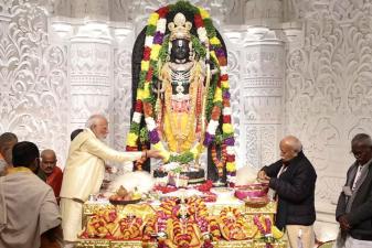 An image of Prime Minister Narendra Modi, center left, performing rituals during the opening of the temple dedicated to Lord Ram in Ayodhya, India, on Jan. 22, 2024.